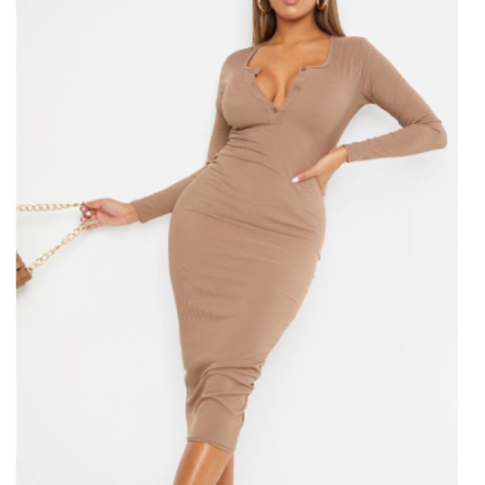 Mocha Ribbed Button Front Long Sleeve Dress